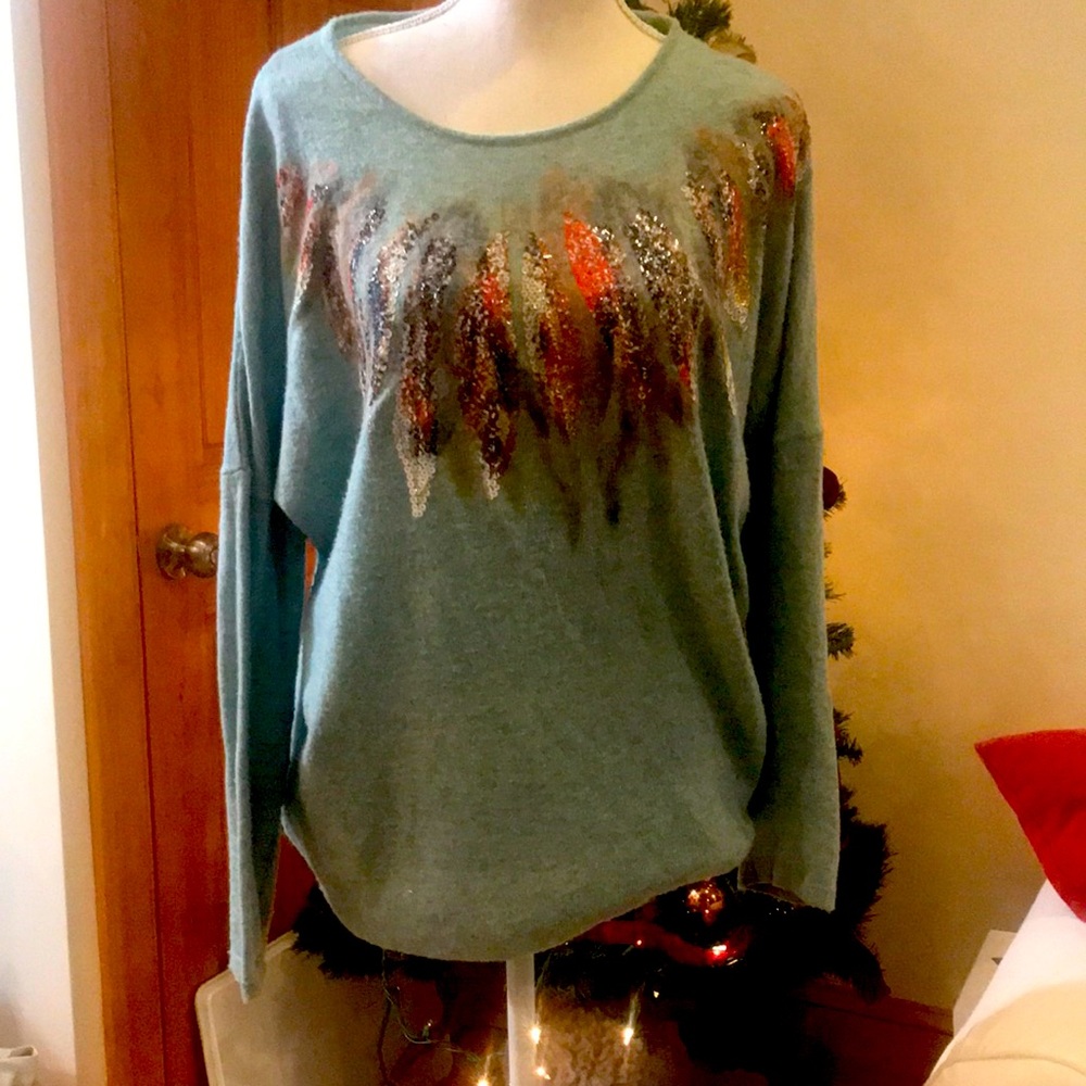 Blue Feathers Sequins Sweater Sz M